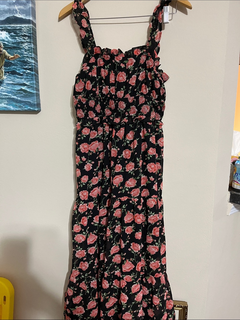 Floral Pink Rose Midi Dress - Women's Black Background